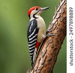 In a serene natural setting, a woodpecker perches on a sturdy branch amidst lush greenery. Its bright red head and black-and-white feathers glisten in the sunlight. The bird taps the branch with its s