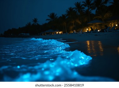 Serene Night Beach with Bioluminescent Waves: Glowing Blue Shoreline Under Palm Trees and Starry Sky, Illuminated by Gentle Ocean Reflections and Lanterns - Powered by Shutterstock