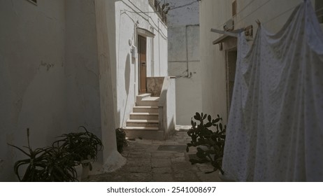 A serene outdoor alley in ostuni, puglia, italy, showcasing mediterranean architecture with whitewashed walls, potted plants, stairway, and hanging laundry bathed in warm sunlight. - Powered by Shutterstock