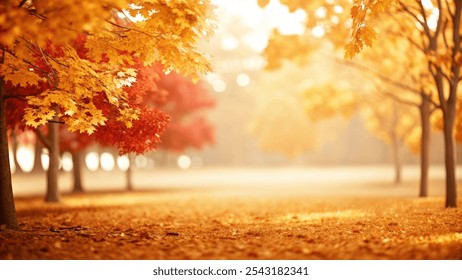 A serene park scene featuring autumn leaves scattered on the ground, with blurred maple trees in the background.
 - Powered by Shutterstock