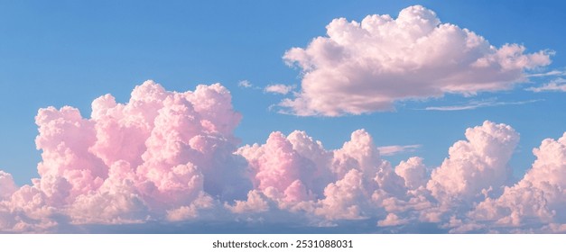 Serene Pink Clouds Adorn Blue Sky Panorama, Fluffy Cotton Candy Cloudscape, Peaceful Skyline, Pastel Sunrise Sunset Nature Background, Wide Heavenly View - Powered by Shutterstock