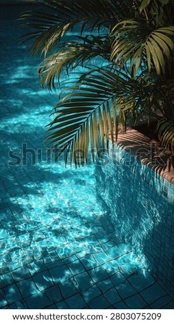 A serene poolside scene showcasing rippling turquoise water, illuminated by sunlight filtering through lush green leaves.