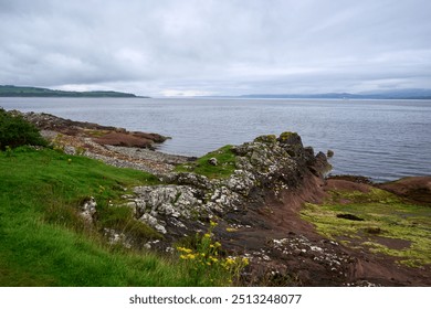 A serene rocky shore with lush grass, flowers, and tranquil water. A solitary figure contemplates the vast scenery. Details include rugged textures and vibrant yellow flowers. - Powered by Shutterstock