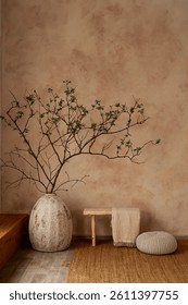 A serene rustic nook featuring a large vase with branches, wooden bench, soft cushion, and natural light perfect blend of simplicity and elegance.