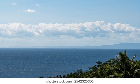 serene seascape showing a vast ocean under a blue sky with scattered clouds, distant land visible on the horizon, and tropical vegetation in the foreground. - Powered by Shutterstock