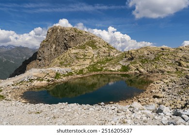 Serene small mountain lake reflecting rocky cliffs and rugged terrain in a high altitude alpine environment, surrounded by pristine nature and panoramic views under a blue sky - Powered by Shutterstock