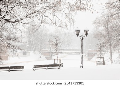 A serene, snow-covered city park in Riga, Latvia, with benches, bare trees, and an old-fashioned lamppost under a misty winter sky. Beautiful trendy tourist destinations, vacations, holiday. - Powered by Shutterstock