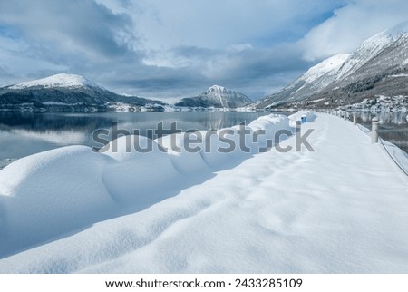 A serene snowy landscape showcases a pathway bordered by undisturbed snow drifts with mountains reflected in the calm sea.