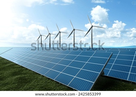 serene solar farm and towering wind turbine stand in lush green fields against a pristine blue sky, for clean energy, sustainable future, eco-friendly and renewable energy concept.