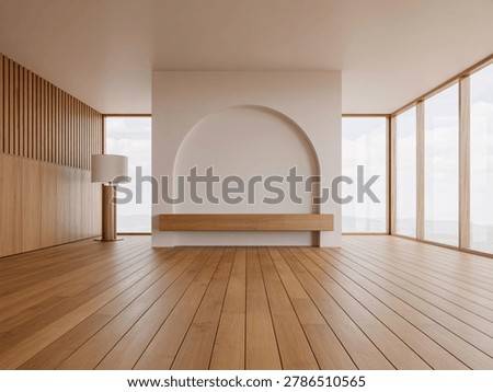A serene and spacious modern interior featuring warm wooden floors and a minimalist design