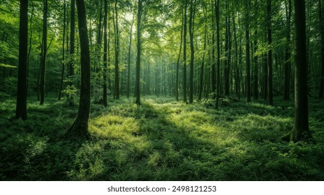 Serene Sunlit Forest with Lush Green Undergrowth - Peaceful Woodland Landscape