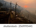 A serene sunrise casts its light over the Pacific Palisades neighborhood of West Los Angeles, offering a calm contrast to the devastation left by recent wildfires that forced evacuations in California