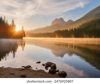 A serene sunrise over a misty mountain lake, casting warm hues across the tranquil waters - Powered by Shutterstock