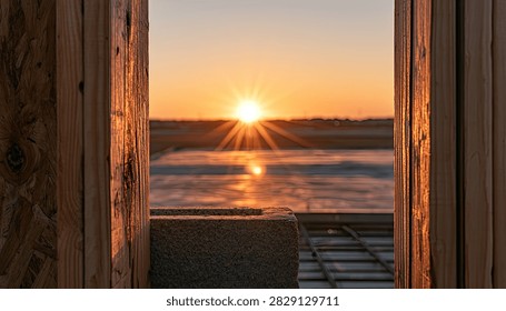 A serene sunset viewed through a rustic wooden frame, casting a warm glow over tranquil water and distant landscape.