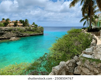 Serene tropical coastline with clear turquoise water, rocky cliffs, and palm trees under a partly cloudy sky, showcasing luxurious waterfront villas in a tranquil seaside setting. - Powered by Shutterstock