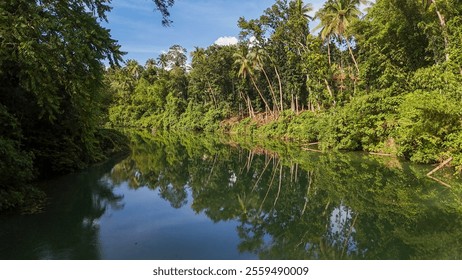 Serene Tropical River with Lush Greenery Reflection - Powered by Shutterstock