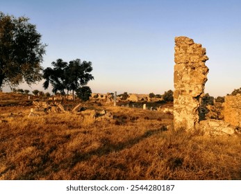 A serene view of ancient ruins bathed in the warm glow of the setting sun. The crumbling walls and scattered stones tell stories of a bygone era. - Powered by Shutterstock