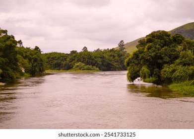 Serene view of the Paraíba do Sul River, winding through lush greenery under a clear sky. The calm waters reflect the natural surroundings, creating a peaceful landscape in southeastern Brazil. - Powered by Shutterstock