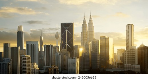 Serene view of a Kuala Lumpur city skyline bathed in the warm glow of sunset - Powered by Shutterstock