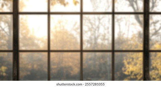 A serene view through a window, showcasing a warm, golden autumn light illuminating trees outside.