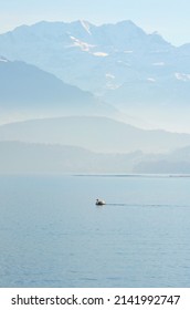 A serene view of a white mute swan floating on the Thun lake in Switzerland, in the background are the silhouettes of the alpine mountaintops and layers of hills with some fog. - Shutterstock ID 2141992747