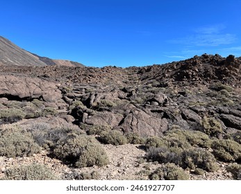 serene walking path winds through a rugged landscape, flanked by rocky formations and sparse vegetation under a clear blue sky, Tenerife mountains and fry red sand next to the highest point of Teide - Powered by Shutterstock