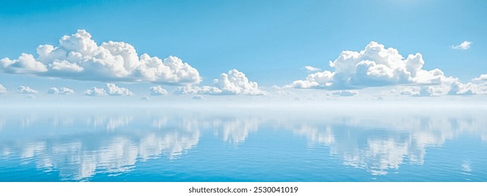 Serene water reflecting fluffy clouds, blue sky mirror image, calm lake surface, peaceful nature scenery, tranquil weather background - Powered by Shutterstock