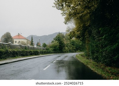 A serene, wet road winding through a lush green forest with a house and mountains in the background - Powered by Shutterstock