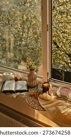 A serene windowsill setup featuring a cup of tea, an open book, a vase of wildflowers, and a lit candle, all bathed in warm morning light filtering through the trees outside