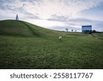 A serene winter landscape of Campbell Park in Milton Keynes, featuring a small monument on a curvy hill, sheep grazing on a green slope, and a multistory car park in the distant background