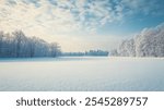 A serene winter landscape features a smooth snowfield under a low hanging sky. The scene showcases the beauty of nature in its quiet, frosty glory, with trees softly covered in frost.