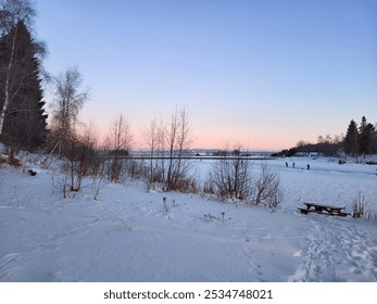 A serene winter landscape with a snowy field, bare trees and a frozen lake during sunset, with a beautiful blue and pink sky. quiet beauty of winter. - Powered by Shutterstock