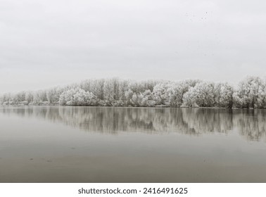 A serene winter landscape unfolds, where still waters mirror the tranquility of the season. Trees, adorned in glistening frost, stand as guardians of a frozen reverie. - Powered by Shutterstock