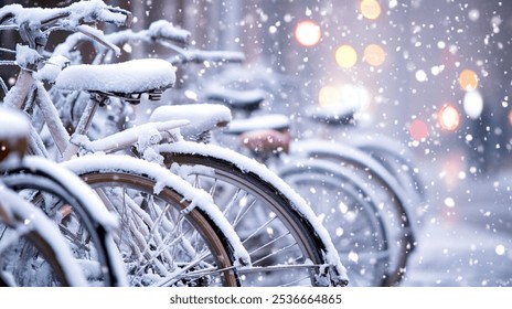 A serene winter scene featuring bicycles parked on a frosty urban street, surrounded by falling snowflakes and soft evening lights creating a magical atmosphere. - Powered by Shutterstock