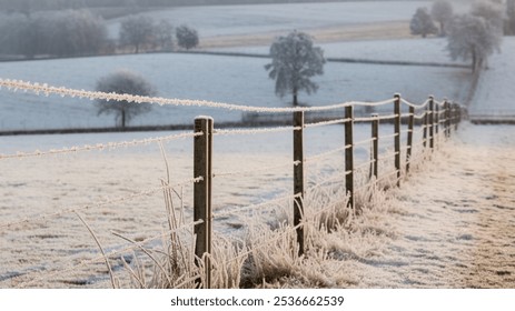 A serene winter scene featuring a frost-covered barbed wire fence, set against a picturesque landscape of fields and trees basking in soft morning light. - Powered by Shutterstock