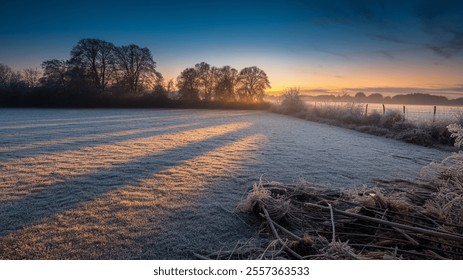 A serene winter scene showcasing a frosty field at sunrise. Long shadows stretch across the landscape, creating a peaceful atmosphere among the trees. - Powered by Shutterstock