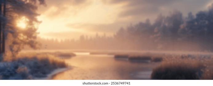 Serene winter sunset over a frozen lake with misty frost-covered trees. - Powered by Shutterstock