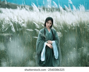 Serene Woman in Traditional Green Hanfu Amidst a Field of Tall Grasses, Capturing a Tranquil Moment in Nature's Beauty. - Powered by Shutterstock