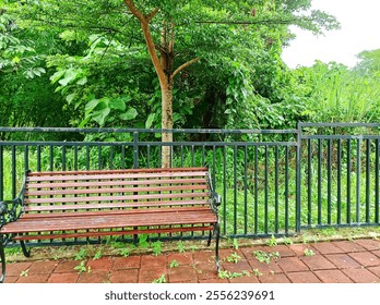 A serene wooden bench by lush greenery, framed by a black fence and vibrant foliage, inviting moments of reflection and peaceful solitude in nature. - Powered by Shutterstock