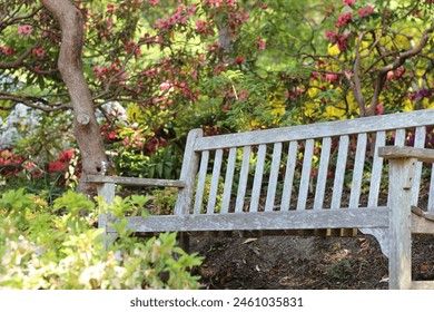 Serene Wooden Bench in a Colorful Flower Garden - Powered by Shutterstock