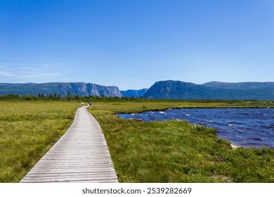 A serene wooden boardwalk stretches across a lush green meadow, leading towards a distant mountainous horizon under a clear blue sky, representing tranquility and natural beauty. - Powered by Shutterstock