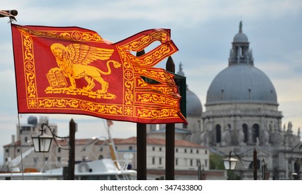 Serenissima Republic Of Venice Old Flag With Salute Basilica In The Background