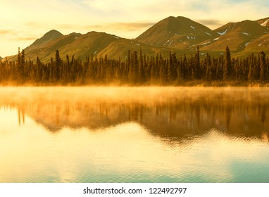 Serenity Lake In Tundra On Alaska