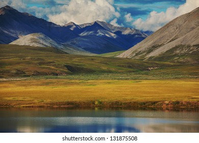 Serenity Lake In Tundra On Alaska