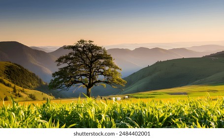 Serenity at Sunrise: Rolling Hills, Solitary Tree, and Golden Light in Nature's Paradise - Powered by Shutterstock