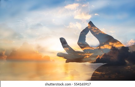 serenity and yoga practicing at sunset, meditation in twilight 