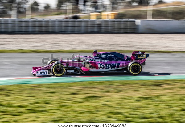 Sergio Perez (Mexico) in the Racing\
Point F1 Team  RP19 2019 F1 car during the F1 winter testing in\
February at Circuit de\
Barcelona-Catalunya