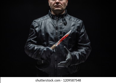 Serial Killer Maniac With Knife And Black Gloves / Killer Tools