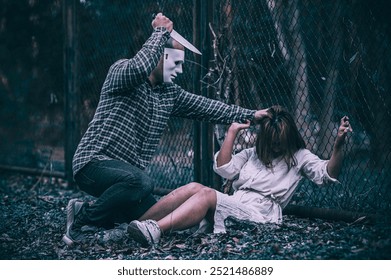 A serial killer scene is about to kill an Asian woman,concept thriller scene,Halloween festival
