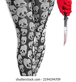 Serial Killer In Skull Pantyhose And Red Gloves With Bloody Knife On White Background